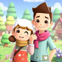 A boy with his hand on a girl's shoulder in the style of Animal Crossing