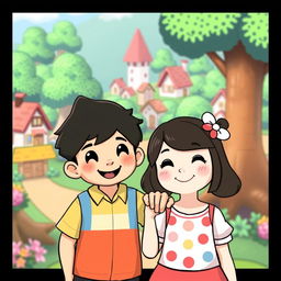 A boy with his hand on a girl's shoulder in the style of Animal Crossing