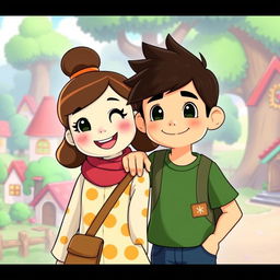 A boy with his hand on a girl's shoulder in the style of Animal Crossing