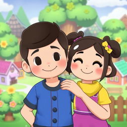 A boy with his hand on a girl's shoulder in the style of Animal Crossing