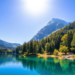 An image of a serene and beautiful landscape featuring a clear blue lake surrounded by lush green trees and mountains in the background under a bright, sunny sky