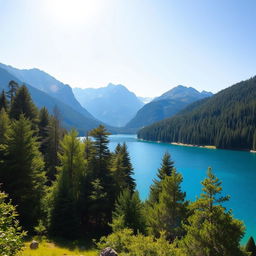 An image of a serene and beautiful landscape featuring a clear blue lake surrounded by lush green trees and mountains in the background under a bright, sunny sky