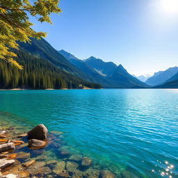 An image of a serene and beautiful landscape featuring a clear blue lake surrounded by lush green trees and mountains in the background under a bright, sunny sky