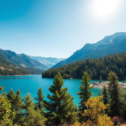 An image of a serene and beautiful landscape featuring a clear blue lake surrounded by lush green trees and mountains in the background under a bright, sunny sky