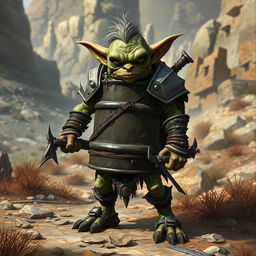 A goblin wearing a metal drum barrel fashioned into armor, standing in a rugged, fantasy landscape