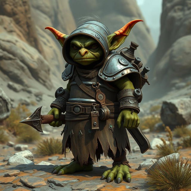 A goblin wearing a metal drum barrel fashioned into armor, standing in a rugged, fantasy landscape