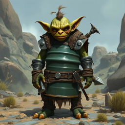 A goblin wearing a metal drum barrel fashioned into armor, standing in a rugged, fantasy landscape