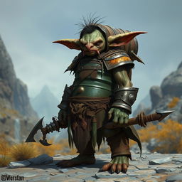 A goblin wearing a metal drum barrel fashioned into armor, standing in a rugged, fantasy landscape