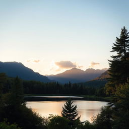 A beautiful landscape featuring a serene lake surrounded by lush green trees and mountains in the background