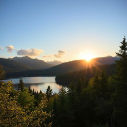 A beautiful landscape featuring a serene lake surrounded by lush green trees and mountains in the background