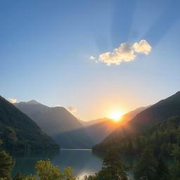 A beautiful landscape featuring a serene lake surrounded by lush green trees and mountains in the background