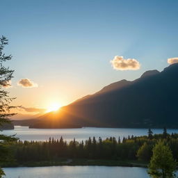 A beautiful landscape featuring a serene lake surrounded by lush green trees and mountains in the background