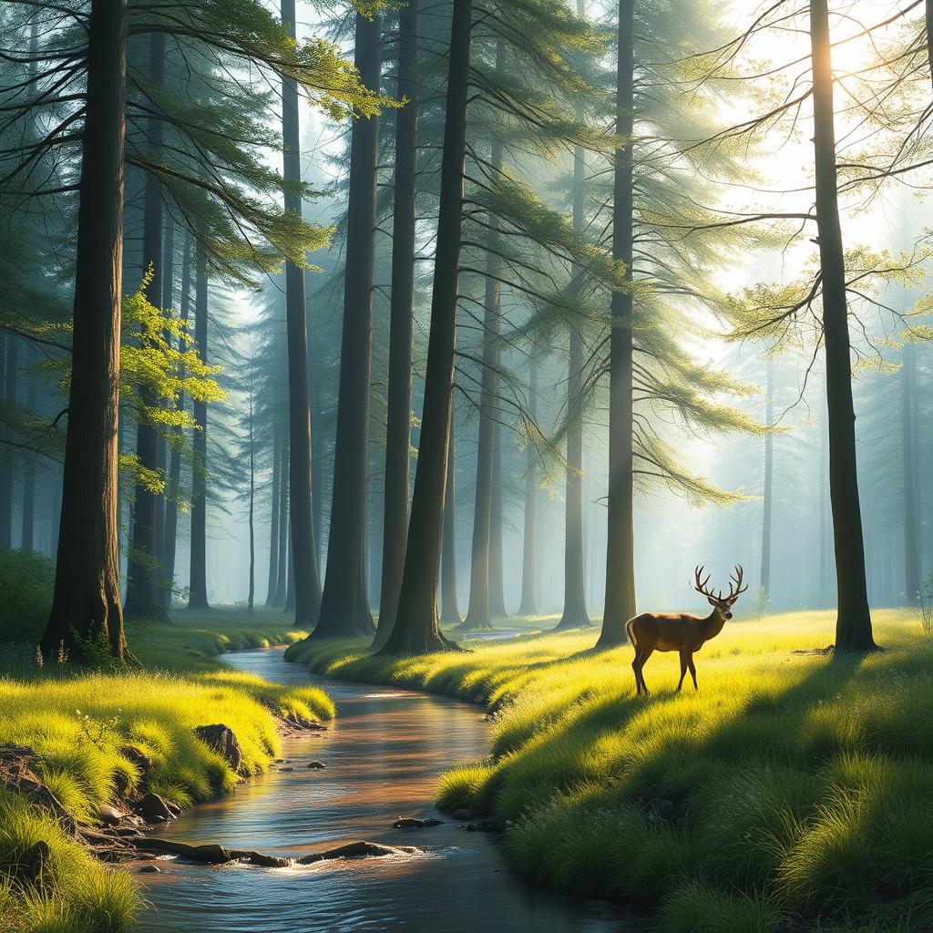 Create an image that captures the essence of a serene forest scene with tall trees, a gentle stream, and sunlight filtering through the leaves