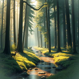 Create an image that captures the essence of a serene forest scene with tall trees, a gentle stream, and sunlight filtering through the leaves