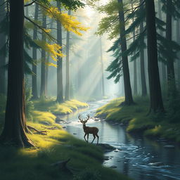 Create an image that captures the essence of a serene forest scene with tall trees, a gentle stream, and sunlight filtering through the leaves