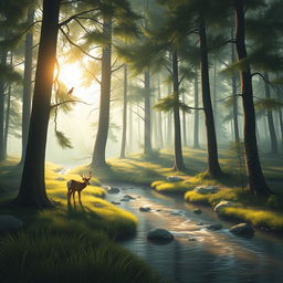 Create an image that captures the essence of a serene forest scene with tall trees, a gentle stream, and sunlight filtering through the leaves