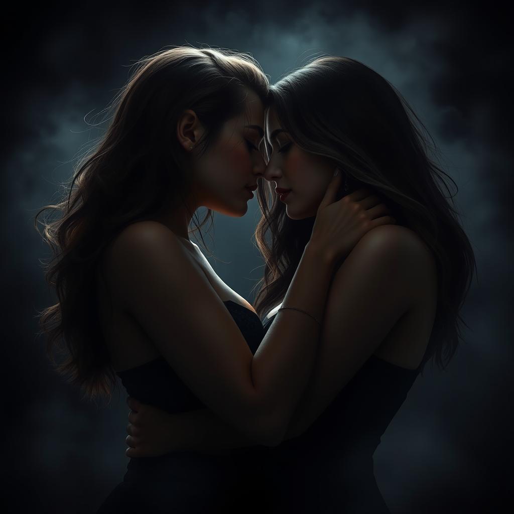 A dark romantic scene featuring a lesbian couple