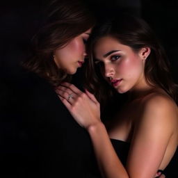 A dark romantic scene featuring a lesbian couple