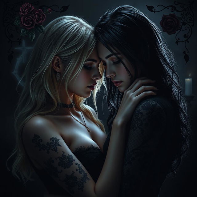 A dark romantic scene featuring a young adult lesbian couple, one with blonde hair and the other with dark hair