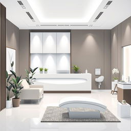 Design an illustration for a cosmetic medical office that includes the following areas: a 32 square meter waiting room with modern reception, furniture for patients, decorated with plants and well-lit