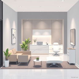 Design an illustration for a cosmetic medical office that includes the following areas: a 32 square meter waiting room with modern reception, furniture for patients, decorated with plants and well-lit