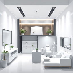 Design an illustration for a cosmetic medical office that includes the following areas: a 32 square meter waiting room with modern reception, furniture for patients, decorated with plants and well-lit