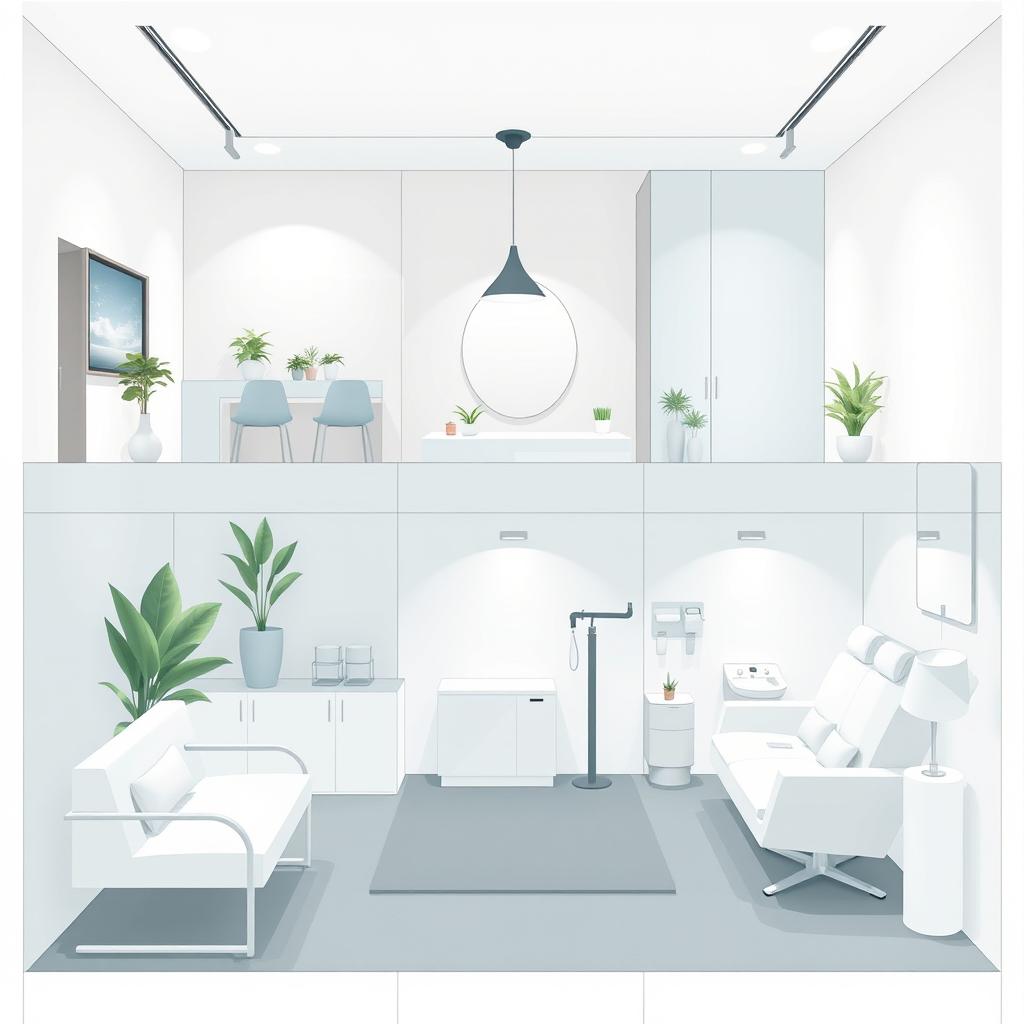 Design an illustration for a cosmetic medical office that includes the following areas: a 32 square meter waiting room with modern reception, furniture for patients, decorated with plants and well-lit