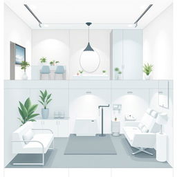 Design an illustration for a cosmetic medical office that includes the following areas: a 32 square meter waiting room with modern reception, furniture for patients, decorated with plants and well-lit