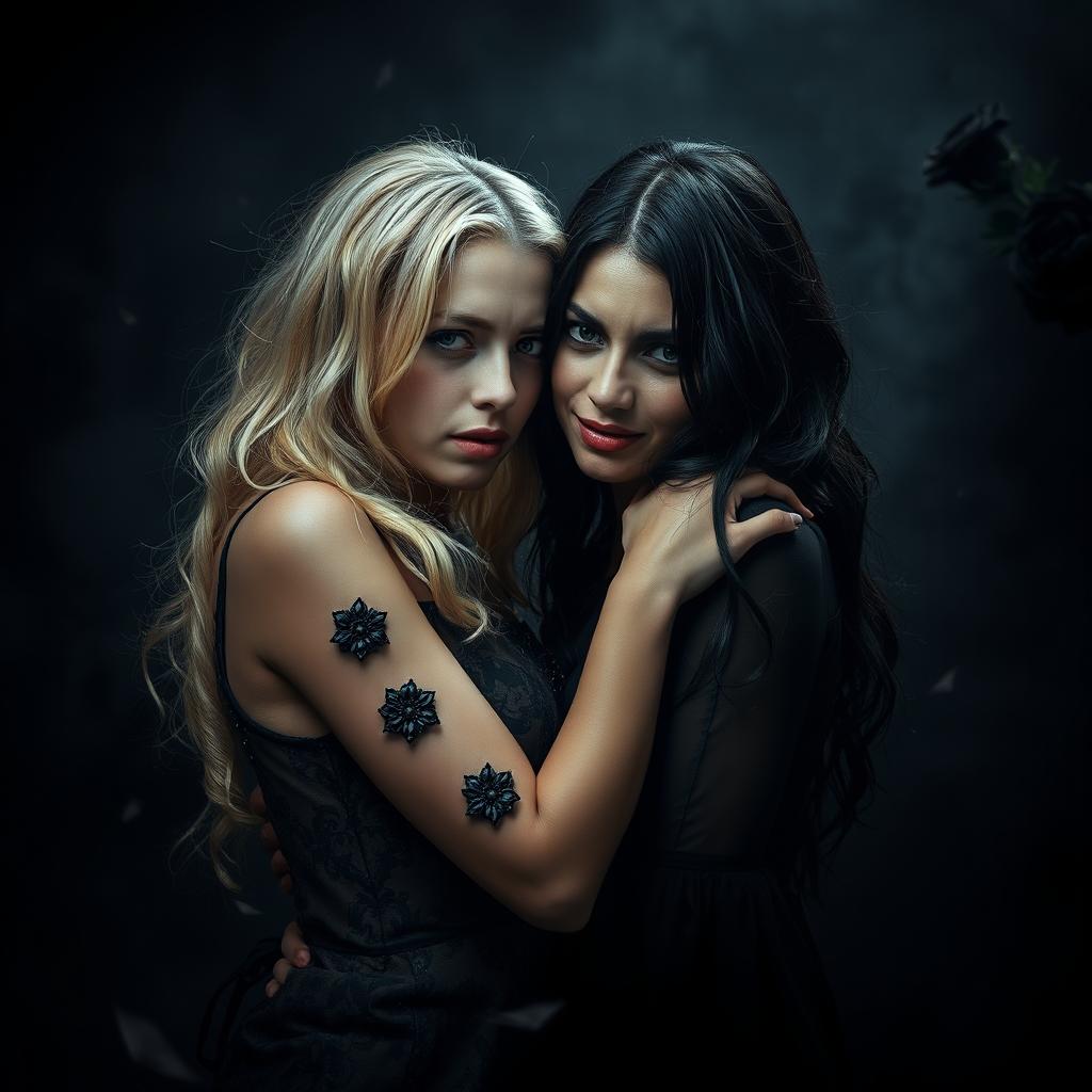 A dark romance scene featuring a young adult lesbian couple