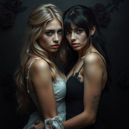 A dark romance scene featuring a young adult lesbian couple