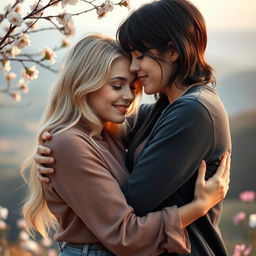 A romantic scene featuring a young adult lesbian couple, one with blonde hair and the other with dark hair