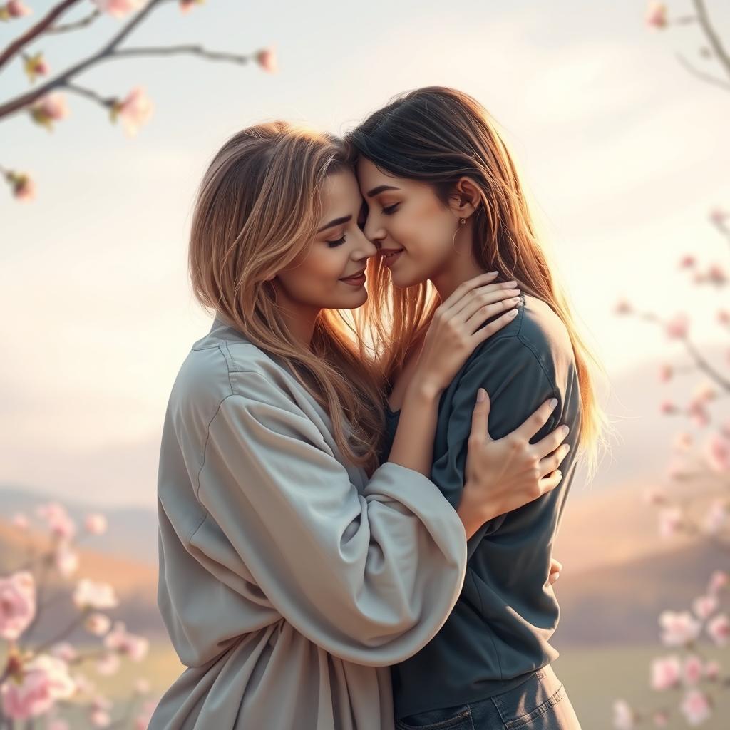 A romantic scene featuring a young adult lesbian couple, one with blonde hair and the other with dark hair