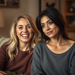 A scene featuring a young adult lesbian couple, one with blonde hair who is animated and cheerful, and the other with dark hair who is serious and composed