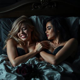 A dark romantic scene featuring a young adult lesbian couple in bed, one with blonde hair who is animated and cheerful, and the other with dark hair who is serious and composed