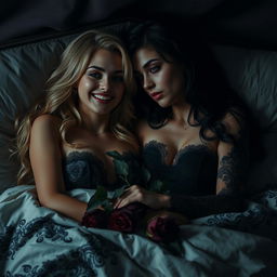 A dark romantic scene featuring a young adult lesbian couple in bed, one with blonde hair who is animated and cheerful, and the other with dark hair who is serious and composed