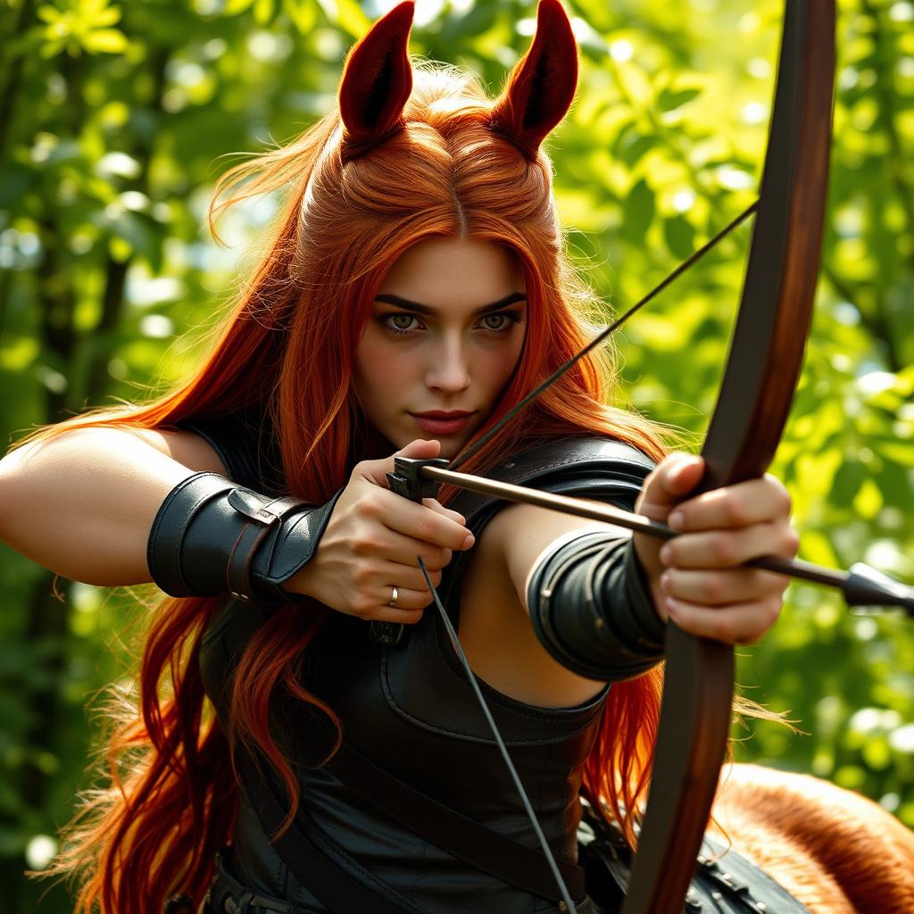 A 35mm film photograph of a female centaur archer fighter with long red hair, wearing dark leather armor, aiming a bow tightly