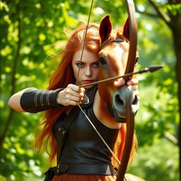 A 35mm film photograph of a female centaur archer fighter with long red hair, wearing dark leather armor, aiming a bow tightly