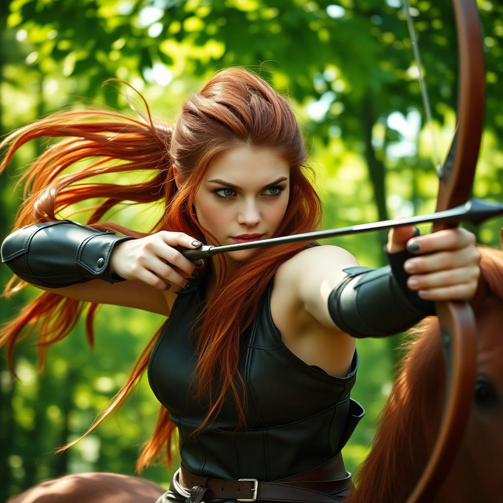 A 35mm film photograph of a female centaur archer fighter with long red hair, wearing dark leather armor, aiming a bow tightly