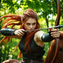 A 35mm film photograph of a female centaur archer fighter with long red hair, wearing dark leather armor, aiming a bow tightly