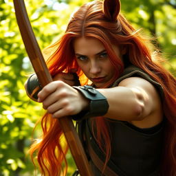 A 35mm film photograph of a female centaur archer fighter with long red hair, wearing dark leather armor, aiming a bow tightly