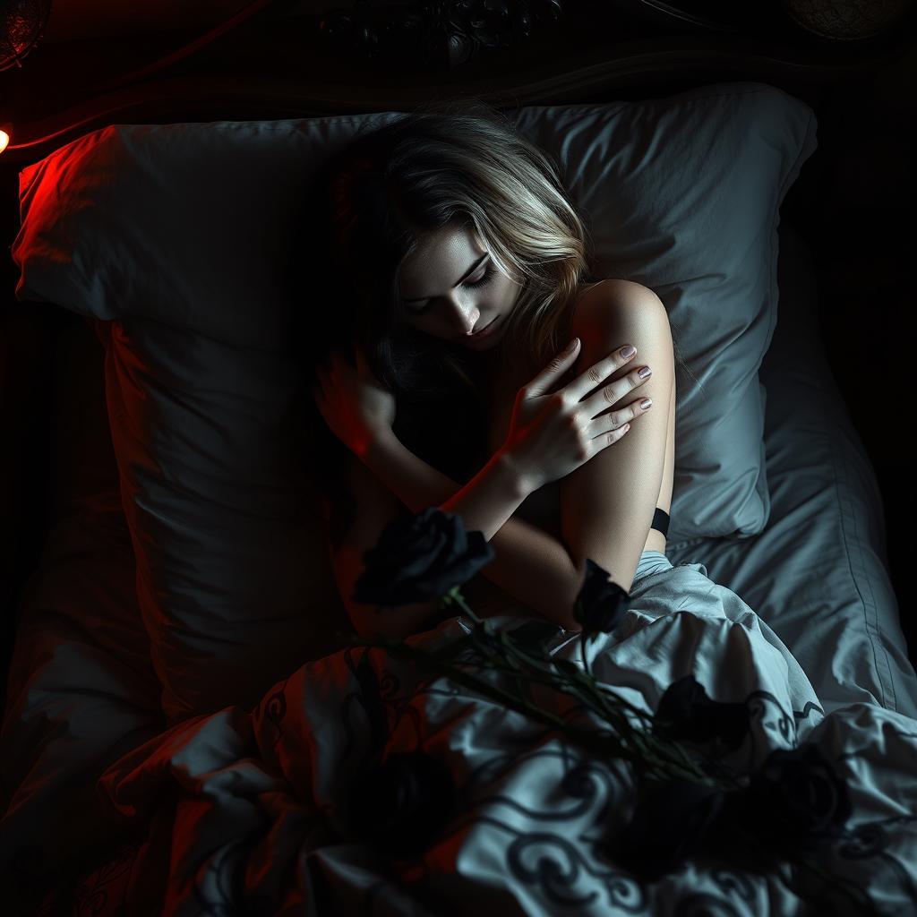 A dark romance scene featuring a young adult lesbian couple in bed