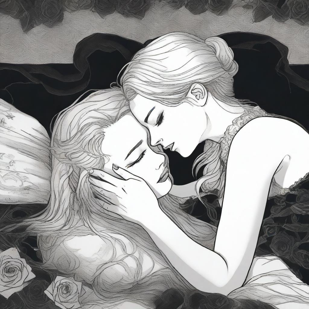 A dark romance scene featuring a young adult lesbian couple, one with blonde hair and the other with dark hair, in an intimate embrace on a bed