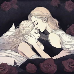 A dark romance scene featuring a young adult lesbian couple, one with blonde hair and the other with dark hair, in an intimate embrace on a bed