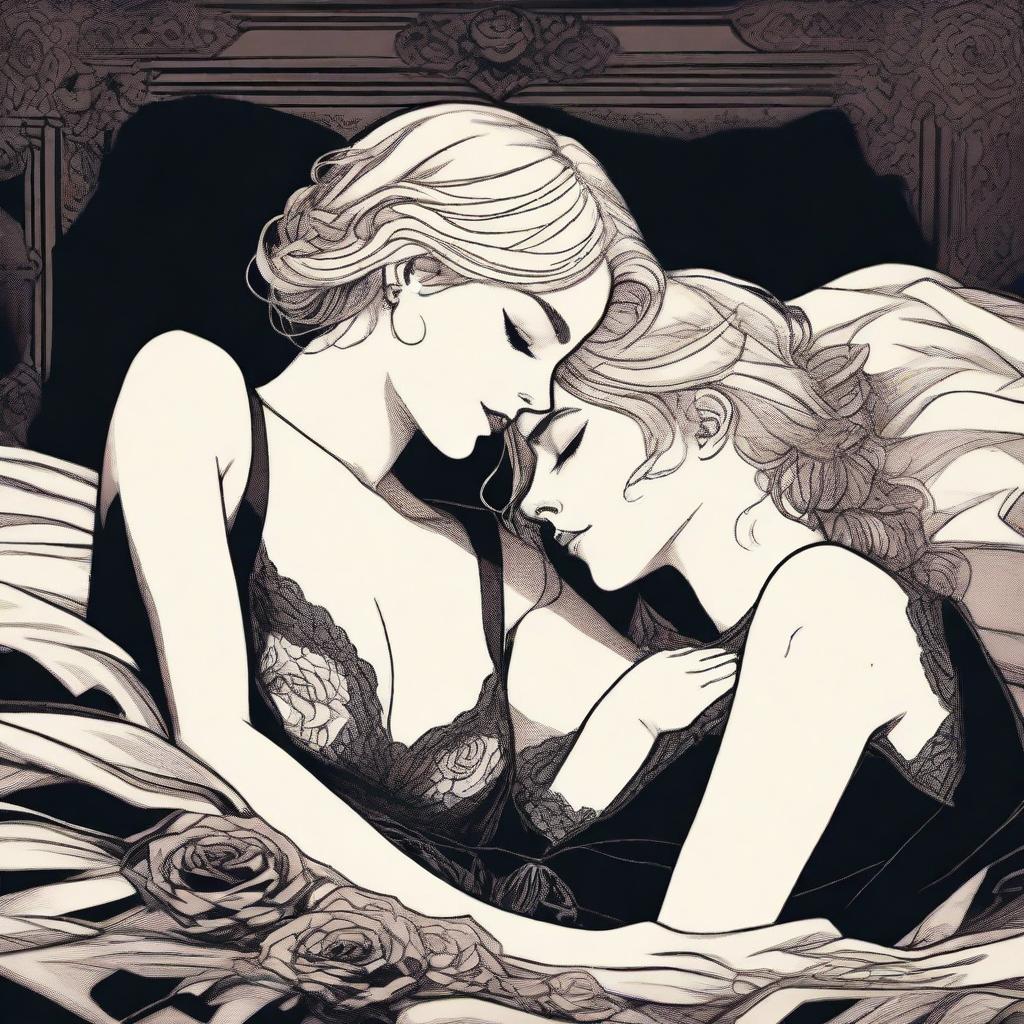 A dark romance scene featuring a young adult lesbian couple, one with blonde hair and the other with dark hair, in an intimate embrace on a bed