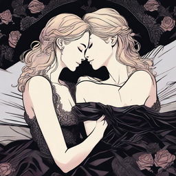 A dark romance scene featuring a young adult lesbian couple, one with blonde hair and the other with dark hair, in an intimate embrace on a bed