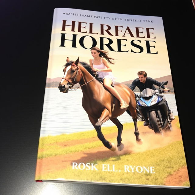 A book cover featuring a galloping horse by the water with a young woman riding on its back and a young man on a sports motorcycle beside them