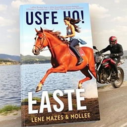 A book cover featuring a galloping horse by the water with a young woman riding on its back and a young man on a sports motorcycle beside them