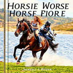 A book cover featuring a galloping horse by the water with a young woman riding on its back and a young man on a sports motorcycle beside them