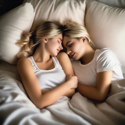 A scene featuring a young adult lesbian couple, one with blonde hair and the other with dark hair, lying together on a bed