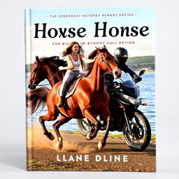 A book cover featuring a galloping horse by the water with a young woman riding on its back and a young man on a sports motorcycle beside them